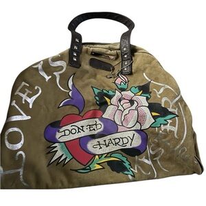 Vintage Don Ed Hardy 1971 Brown Duffle Bag "Love is Mystery" Cloth Bowler Bag